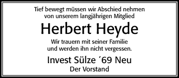 Traueranzeige von Herbert Heyde von Cellesche Zeitung