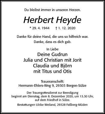 Traueranzeige von Herbert Heyde von Cellesche Zeitung