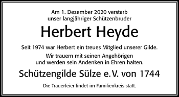 Traueranzeige von Herbert Heyde von Cellesche Zeitung