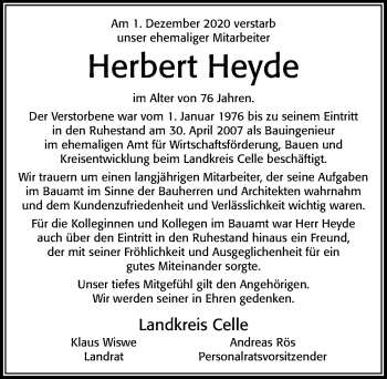 Traueranzeige von Herbert Heyde von Cellesche Zeitung