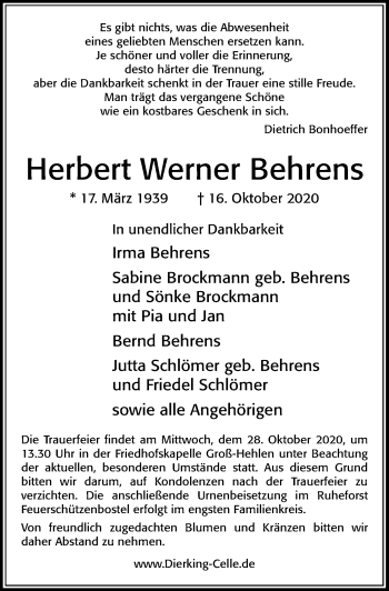 Traueranzeige von Herbert Werner Behrens von Cellesche Zeitung