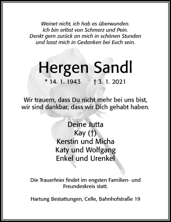 Traueranzeige von Hergen Sandl von Cellesche Zeitung