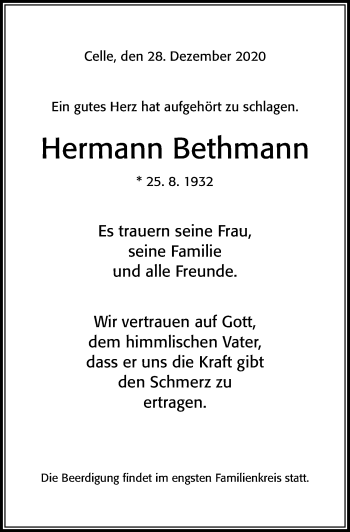 Traueranzeige von Hermann Bethmann von Cellesche Zeitung