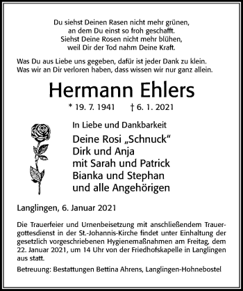 Traueranzeige von Hermann Ehlers von Cellesche Zeitung