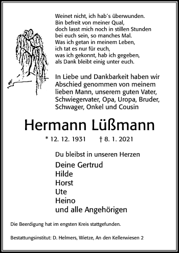 Traueranzeige von Hermann Lüßmann von Cellesche Zeitung