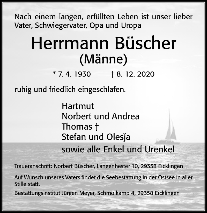  Traueranzeige für Herrmann Büscher vom 12.12.2020 aus Cellesche Zeitung