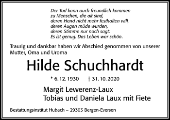 Traueranzeige von Hilde Schuchhardt von Cellesche Zeitung