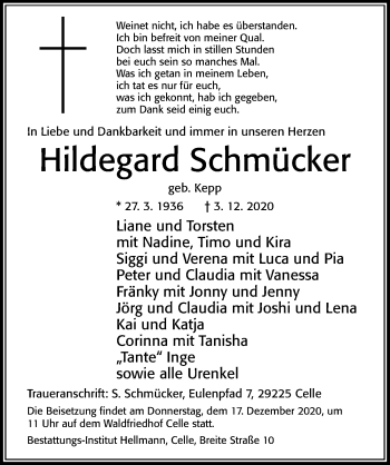 Traueranzeige von Hildegard Schmücker von Cellesche Zeitung