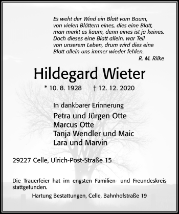 Traueranzeige von Hildegard Wieter von Cellesche Zeitung