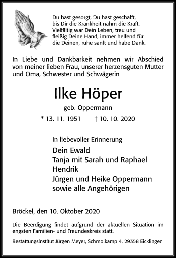 Traueranzeige von Ilke Höper von Cellesche Zeitung
