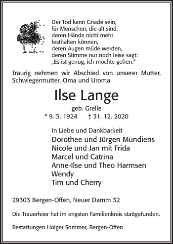 Traueranzeige von Ilse Lange von Cellesche Zeitung