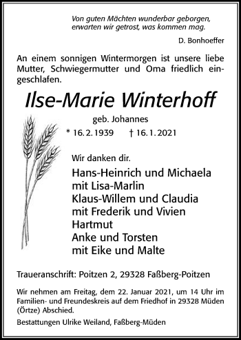 Traueranzeige von Ilse-Marie Winterhoff von Cellesche Zeitung