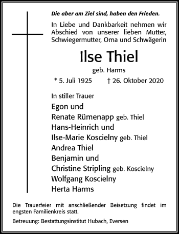 Traueranzeige von Ilse Thiel von Cellesche Zeitung