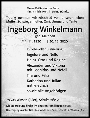 Traueranzeige von Ingeborg Winkelmann von Cellesche Zeitung
