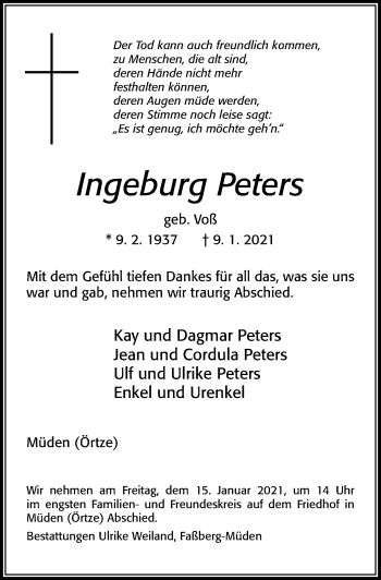 Traueranzeige von Ingeburg Peters von Cellesche Zeitung