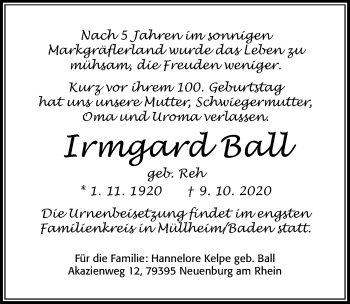 Traueranzeige von Irmgard Ball von Cellesche Zeitung