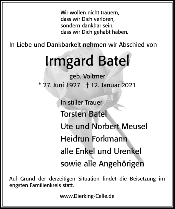 Traueranzeige von Irmgard Batel von Cellesche Zeitung