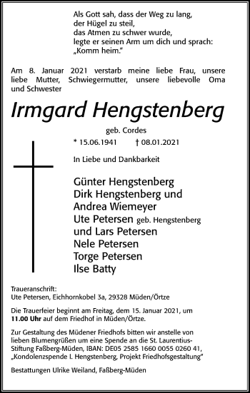 Traueranzeige von Irmgard Hengstenberg von Cellesche Zeitung