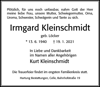 Traueranzeige von Irmgard Kleinschmidt von Cellesche Zeitung