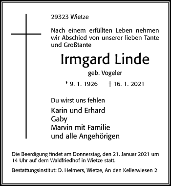 Traueranzeige von Irmgard Linde von Cellesche Zeitung