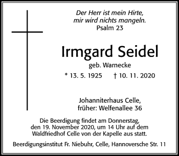Traueranzeige von Irmgard Seidel von Cellesche Zeitung