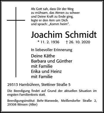Traueranzeige von Joachim Schmidt von Cellesche Zeitung