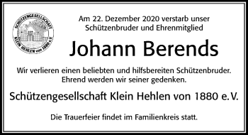Traueranzeige von Johann Berends von Cellesche Zeitung