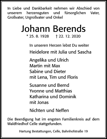 Traueranzeige von Johann Berends von Cellesche Zeitung