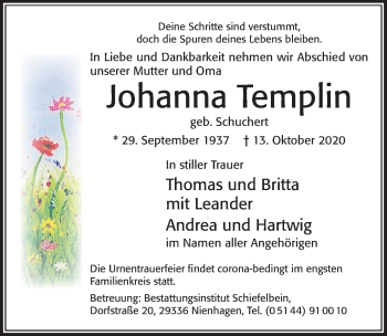 Traueranzeige von Johanna Templin von Cellesche Zeitung