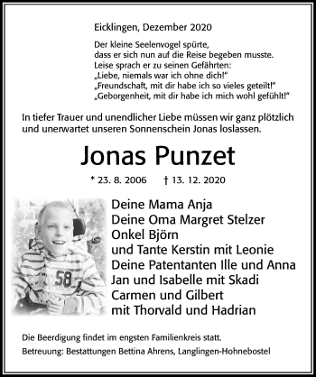 Traueranzeige von Jonas Punzet von Cellesche Zeitung