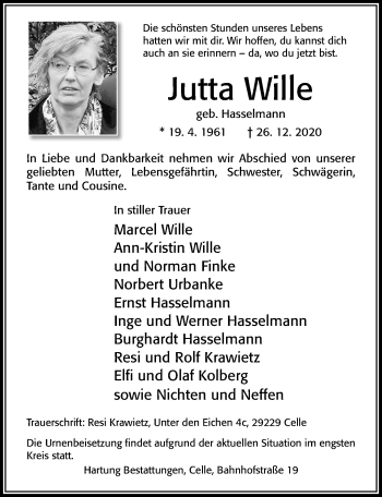 Traueranzeige von Jutta Wille von Cellesche Zeitung