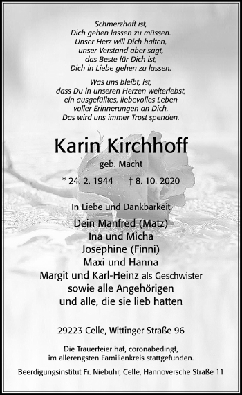 Traueranzeige von Karin Kirchhoff von Cellesche Zeitung
