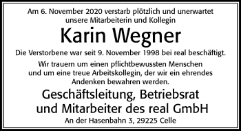 Traueranzeige von Karin Wegner von Cellesche Zeitung