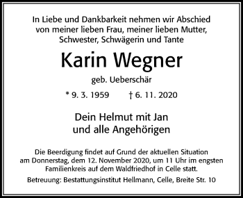 Traueranzeigen von Karin Wegner | Trauerportal der Celleschen Zeitung