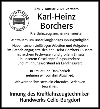 Traueranzeige von Karl-Heinz Borchers von Cellesche Zeitung