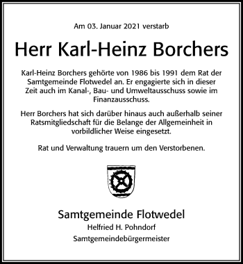 Traueranzeige von Karl-Heinz Borchers von Cellesche Zeitung