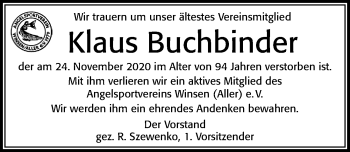 Traueranzeige von Klaus Buchbinder von Cellesche Zeitung