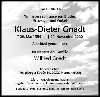 Traueranzeige von Klaus-Dieter Gnadt von Cellesche Zeitung