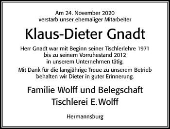 Traueranzeige von Klaus-Dieter Gnadt von Cellesche Zeitung