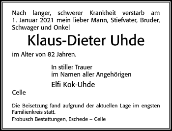 Traueranzeige von Klaus-Dieter Uhde von Cellesche Zeitung