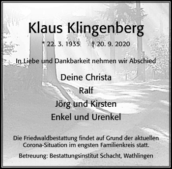 Traueranzeige von Klaus Klingenberg von Cellesche Zeitung