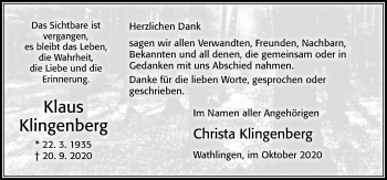 Traueranzeige von Klaus Klingenberg von Cellesche Zeitung