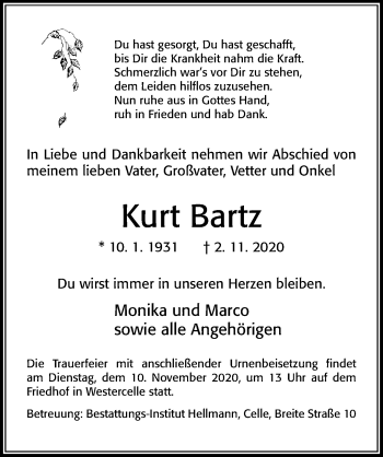 Traueranzeige von Kurt Bartz von Cellesche Zeitung