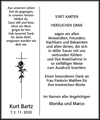 Traueranzeige von Kurt Bartz von Cellesche Zeitung