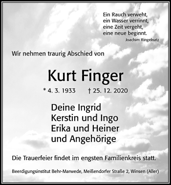 Traueranzeige von Kurt Finger von Cellesche Zeitung