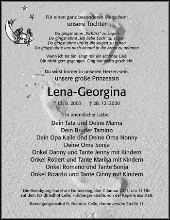 Traueranzeige von Lena-Georgina  von Cellesche Zeitung
