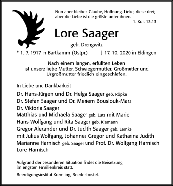 Traueranzeige von Lore Saager von Cellesche Zeitung