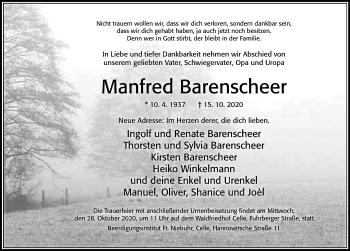 Traueranzeige von Manfred Barenscheer von Cellesche Zeitung