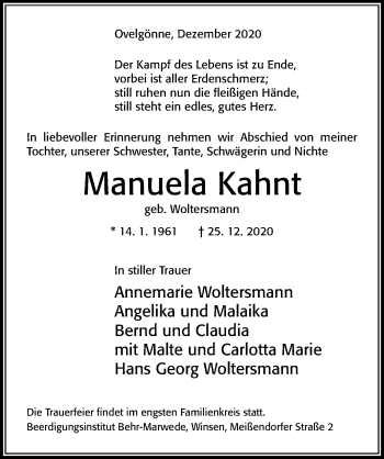 Traueranzeige von Manuela Kahnt von Cellesche Zeitung