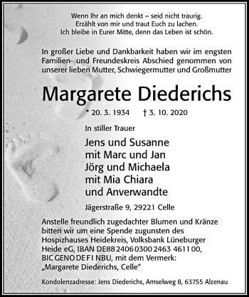 Traueranzeige von Margarete Diederichs von Cellesche Zeitung